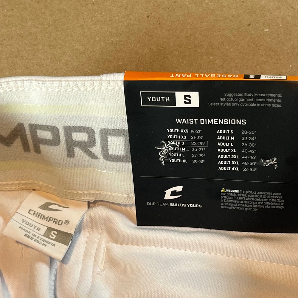 Champro Youth Small White Baseball Pants Navy Blue Piping Adjustable Hem NWT - Picture 8 of 11